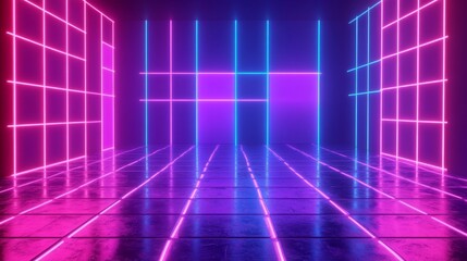 Colored neon lights, geometric geometric background with polygonal structure, cyber space virtual reality, neon lighting, retro sci-fi style.