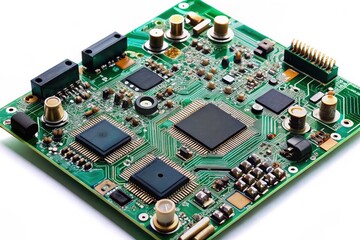 A pristine white backdrop highlights a high-quality printed circuit board, perfect for electronics product photography, showcasing its complexity and craftsmanship in full detail.