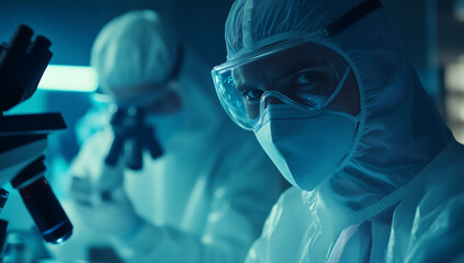 Scientists in Sterile Suits Working in a High-Security Laboratory with Advanced Microscopes