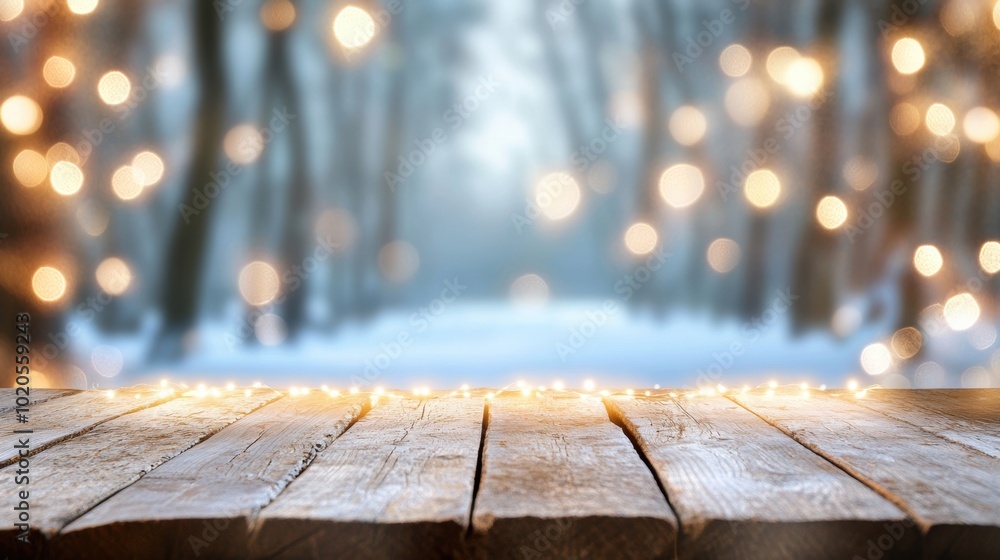 Poster a tranquil winter forest features a wooden table illuminated with soft lights, creating a warm and i