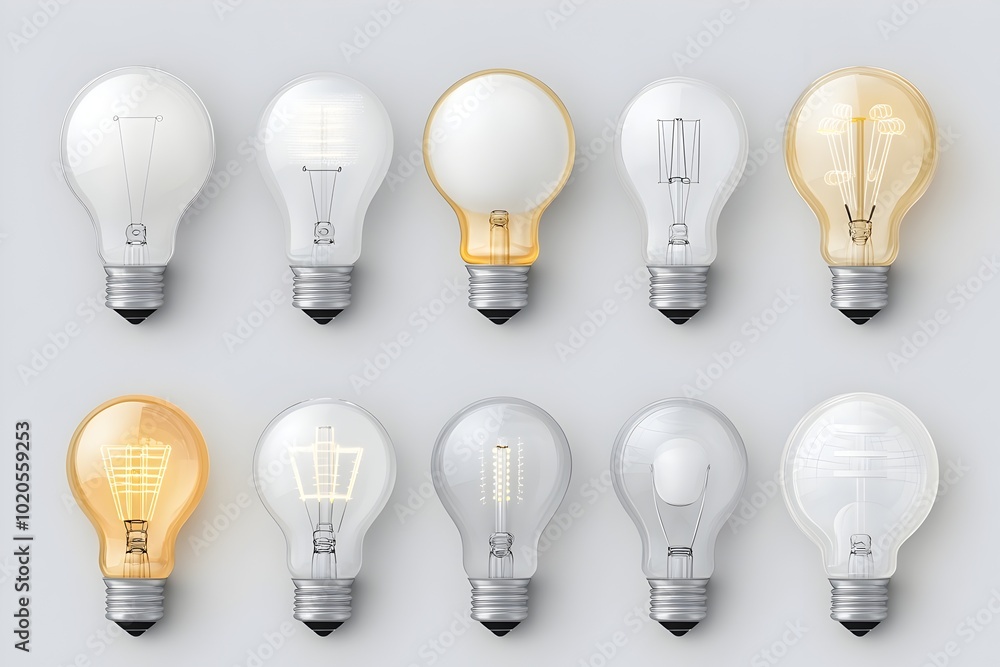 Poster diverse collection of stylized light bulb icons and objects in minimal cartoon design on
