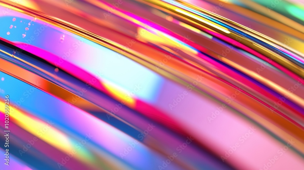 Poster a colorful arrangement of holographic foil textures reflects light, revealing dynamic patterns and v