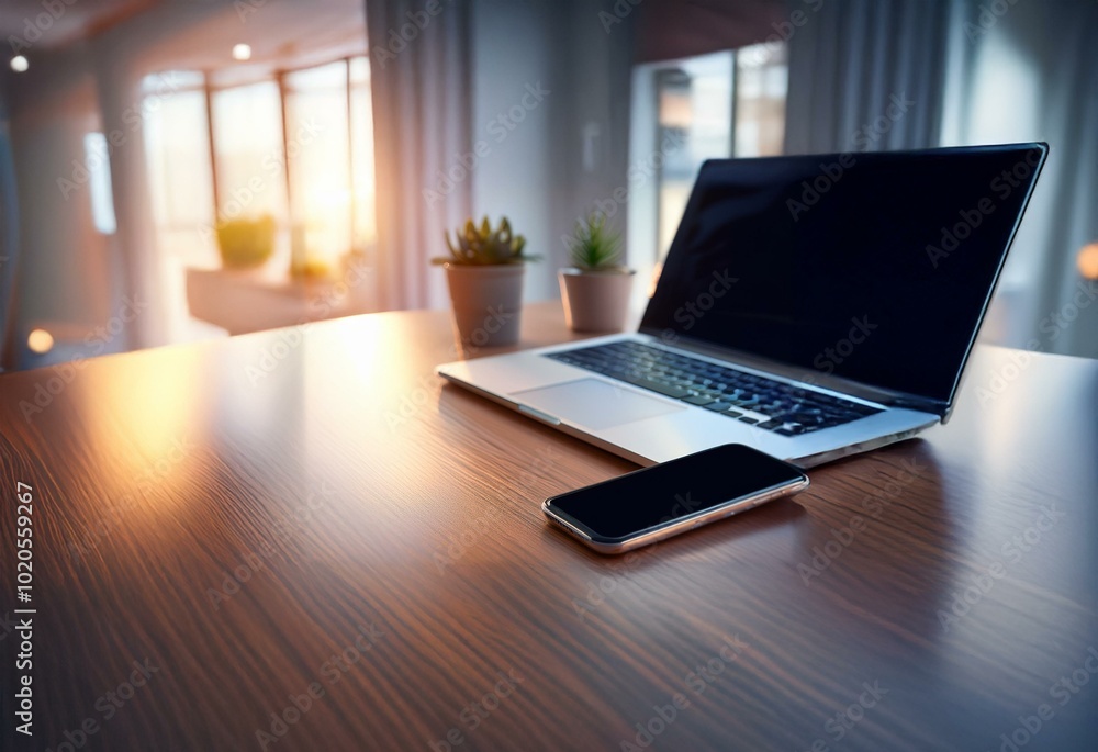 Aufkleber a wooden desk with a laptop and a smartphone. sunlight streams through a window in the background.