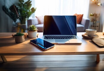 Fototapeta premium A laptop, smartphone, a potted succulent, and a coffee cup sit on a wooden table.