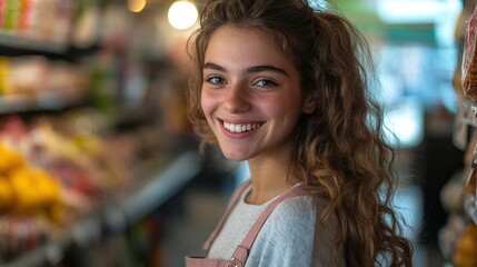 happy young female supermarket worker standing inside the grocery store smiling at the camera showing her positive and professional demeanor while assisting customers in a retail environment