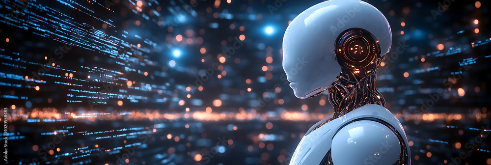 Poster cutting-edge cyborg figure navigating through a vibrant,otherworldly cosmic nebula filled with glowi