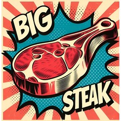 big juicy steak retro style , vintage advertisement style  image of meat with pop art ray background in red white and blue