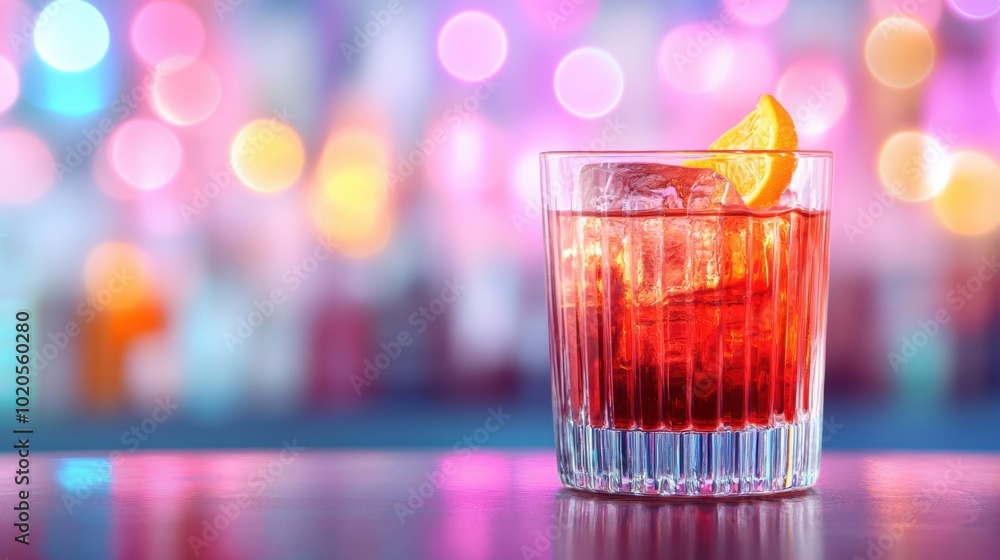 Poster a refreshing drink with ice and a slice of orange sits on a polished bar counter, highlighted by col