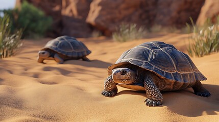 Obraz premium Two turtles crawling on sandy terrain in a desert landscape.