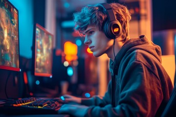 Obraz premium Young people play generative AI-powered games on a gaming PC.