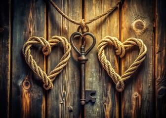 A rustic wooden door features three rope hearts and a skeleton key, embodying vintage love symbolism and celebrating enduring connections in a charming design.