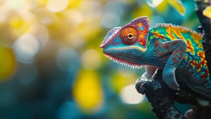 Fototapeta premium A chameleon perched on a branch, its vibrant scales and large eyes contrasting with the soft green and yellow bokeh of the background.