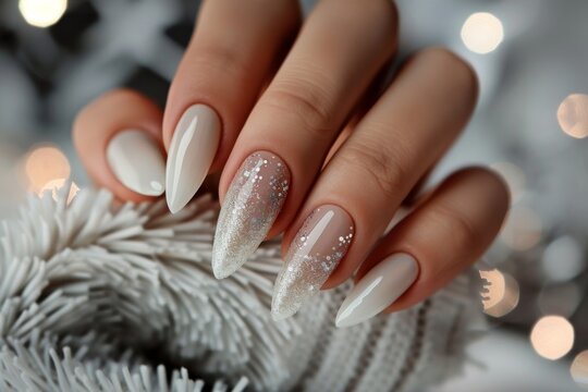 Elegant winter manicure showcasing shimmering silver accents and soft white polish against a festive background