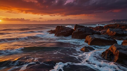 Obraz premium A stunning sunset over the ocean, with waves crashing against rocky outcroppings. The sky is ablaze with color, with a hint of purple and orange.