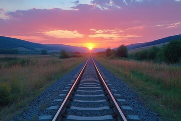 Fototapeta premium A serene sunset over tranquil train tracks stretching into the horizon