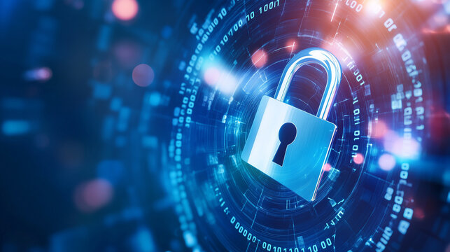 A high-tech digital padlock is depicted against a backdrop of binary code and overlapping futuristic circles on a clean blue and white background. The image represents advanced cyb