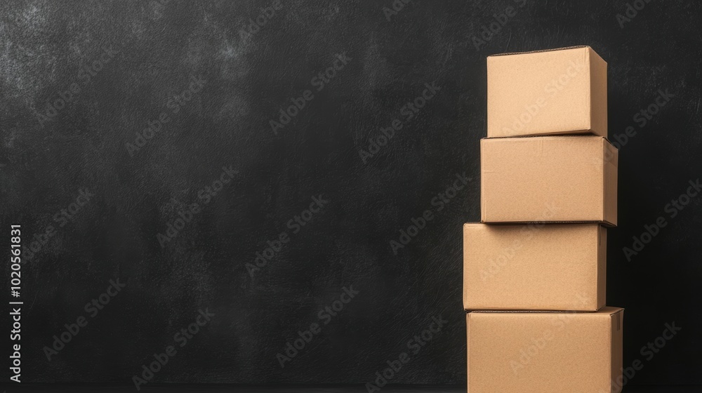 Poster several empty cardboard boxes stand vertically on a black background, creating a minimalist and mode