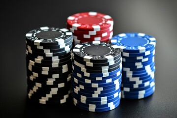 A set of casino chips on a gaming table isolated on a black background