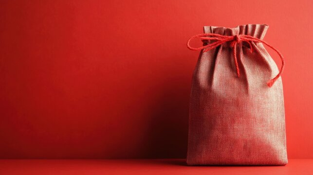 The red gift bag, secured with a drawstring, stands out beautifully on a solid red backdrop, ideal for gifting at celebrations or holidays