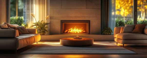 Cozy living room with a fireplace, warm tones, and inviting decor