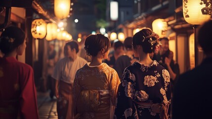 Fototapeta premium A woman in a kimono walks elegantly through a crowded night street