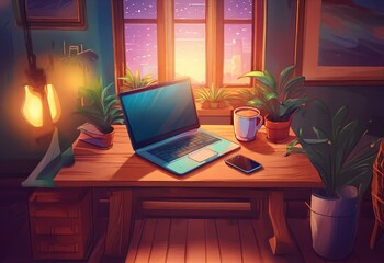 Fototapeta premium A wooden desk with a laptop, smartphone, and a cup of coffee. Plants on the table and by the window.