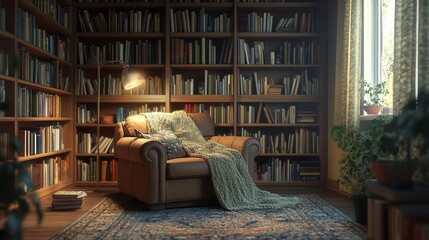 Cozy reading corner with a comfy chair, bookshelves, and a floor lamp