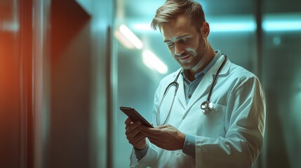 A doctor with a stethoscope is using a cell phone