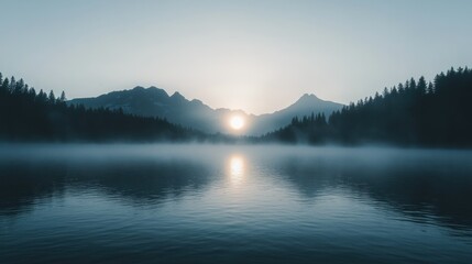 Fototapeta premium Serene Sunrise Over Fog-Covered Mountain Lake