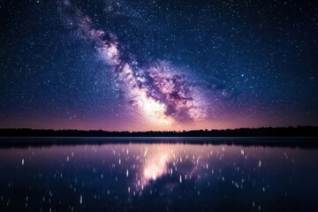 Fototapeta premium Dramatic night sky with the Milky Way over a serene lake, star reflections