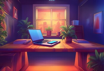 A laptop sits open on a wooden desk with a cell phone next to it. Two potted plants are on the desk, and a large window behind the desk shows a sunset over a city skyline.
