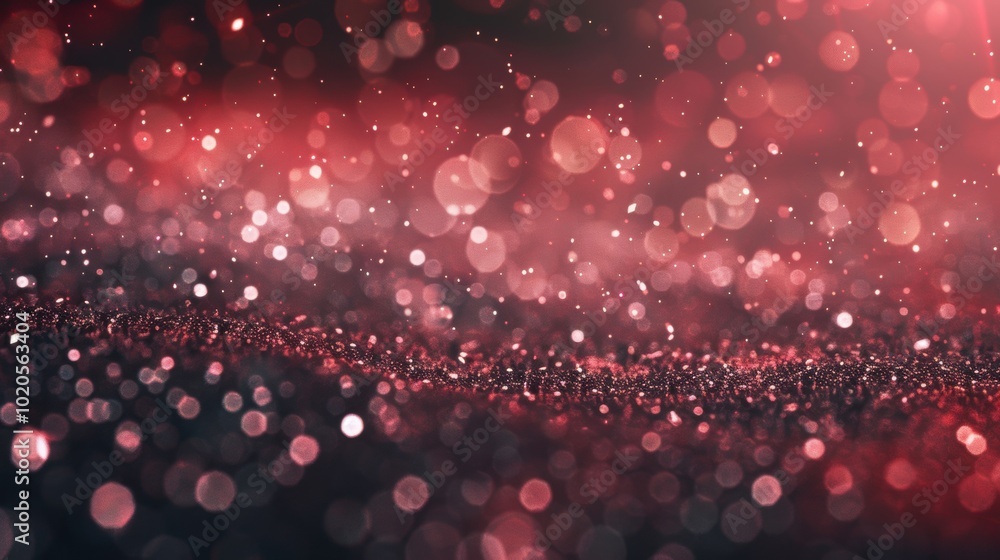 Poster glitter particles float gracefully through a vibrant backdrop of red bokeh lights, creating a mesmer