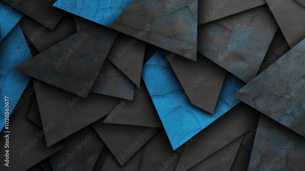 Poster an abstract composition displays layered triangular shapes in black and blue, creating a striking ge