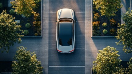 Overhead view of a smart car with a radar device, showcasing autonomous parking assist technology for secure road scanning.