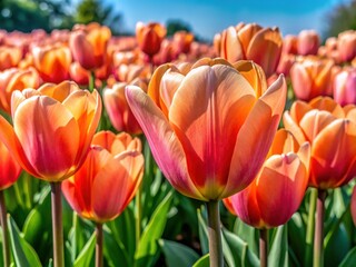 A beautiful arrangement of blooming peach tulips presents a vibrant spring background, perfect for floral designs and seasonal decor that captures nature's charm.