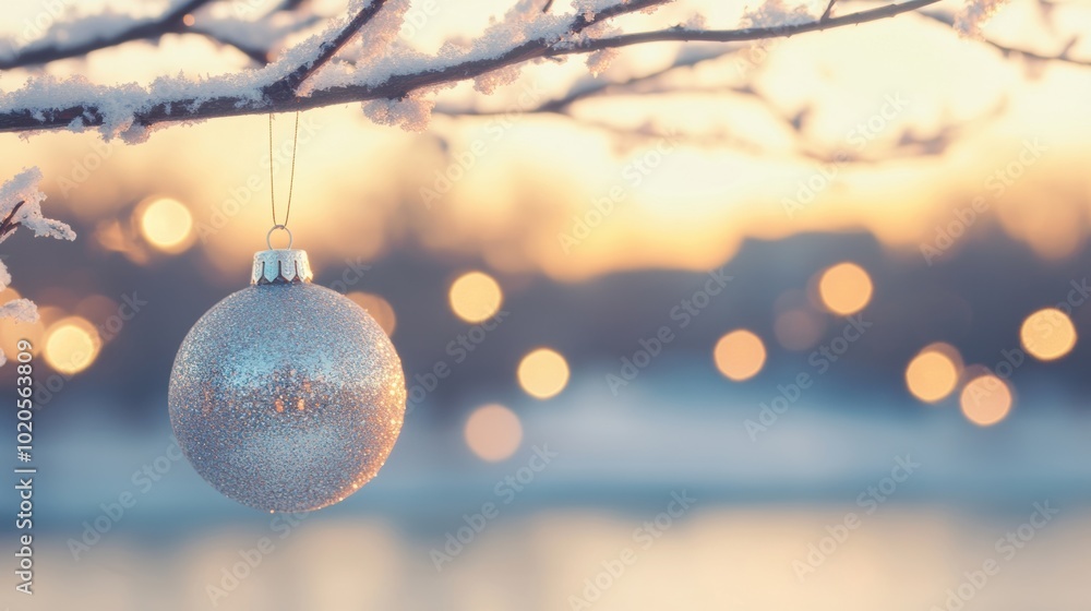 Poster a sparkling christmas ornament dangles from a snowy branch as the sun sets, casting warm light and s