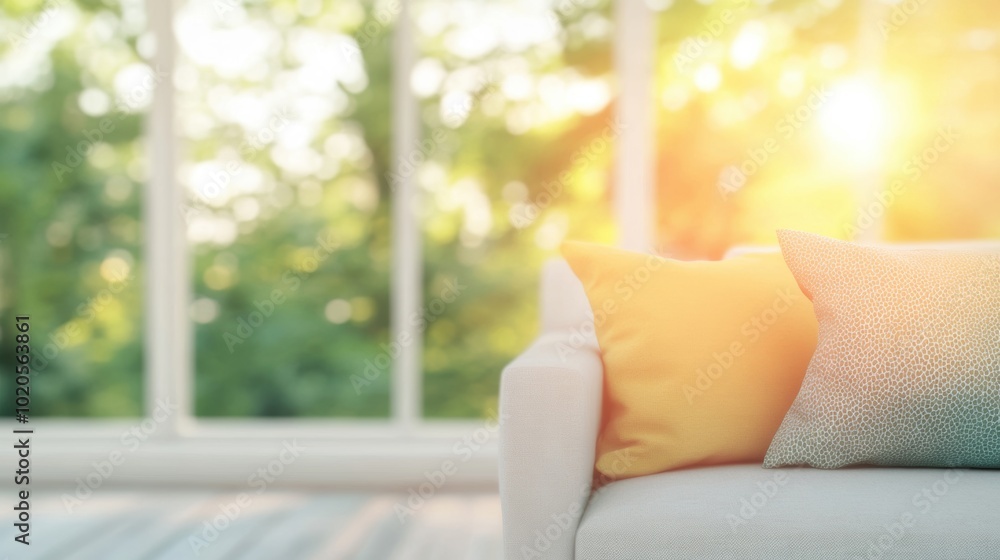 Poster sunlight streams into a contemporary living space, creating a warm atmosphere with soft cushions and