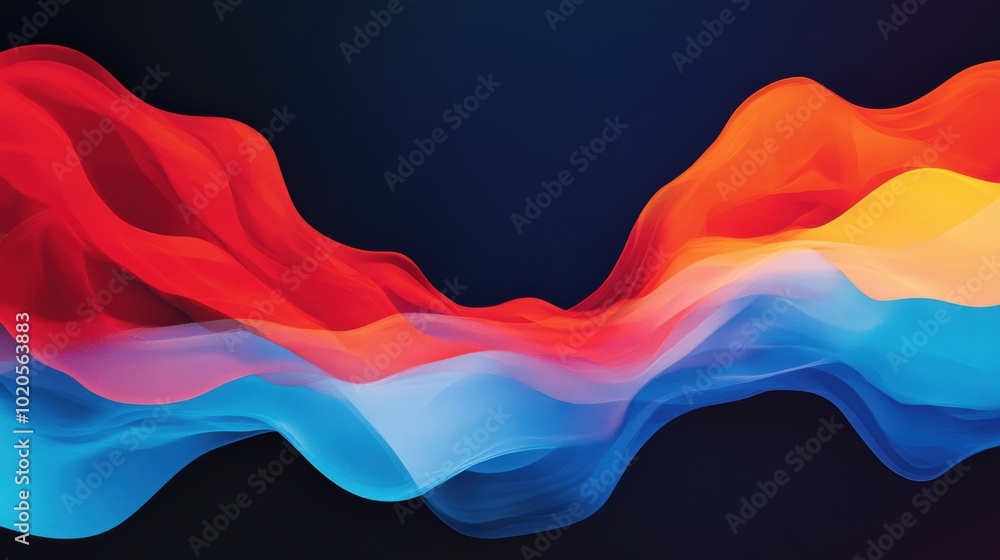 Poster the artwork showcases a fluid interplay of red and blue waves, smoothly blending on a deep backgroun