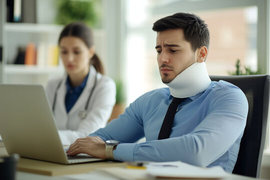 Injured Man with Neck Brace Working on Laptop During Doctor's Consultation