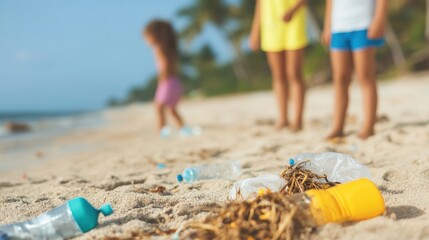 A group of children work together to clean plastic waste from the sandy beach on a bright afternoon