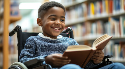 Happy Young Boy in a Wheelchair Enjoying Reading a Book in a Library