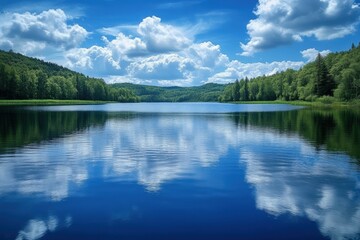 Tranquil summer afternoon at a serene lake surrounded by lush green forests and clouds