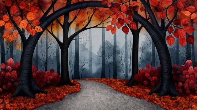 autumn park, forest landscape with a tree arch over the path. 