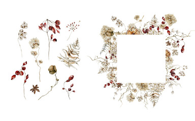 Watercolor floral elements and winter frame. Hand painted wreath of dried forest leaves, flowers, branches, red berries, fir cone. Botanical border for card design, print.