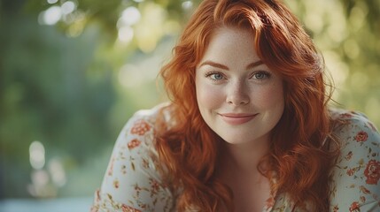 Naklejka premium joyful chubby housewife with ginger hair posing in her home backyard looking directly at the camera with a relaxed smile enjoying the peaceful atmosphere and comfort of her outdoor space