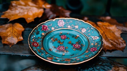 Fototapeta premium beautiful empty blue plate decorated with flowers is on the autumn leaves. 