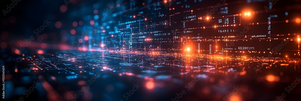 Poster dramatic and visually striking futuristic digital landscape featuring a complex network of streaming