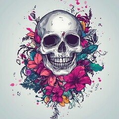 A human skull surrounded by colorful flowers and foliage on a light blue background.