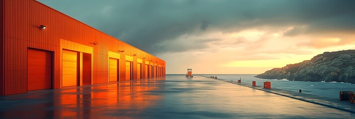 Fototapeta premium Dramatic sunset with stormy clouds reflecting in the calm waters of a coastal industrial harbor dock.