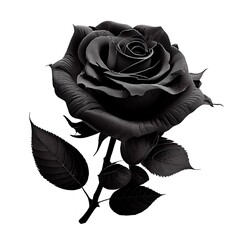 Black rose flower on white background. Isolated 3d render of elegant gothic open rose on stem with leaves. Floristics icon, tattoo, monochrome black and white natural realistic rose blossom